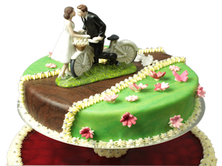 2stöckige Hochzeitstorte mit Brautpaar und Fahrrad