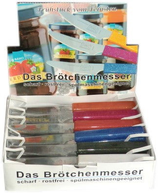 Karton mit Brötchenmessern mit Edelstahlklinge und verschiedenen farbigen Kunststoffgriffen