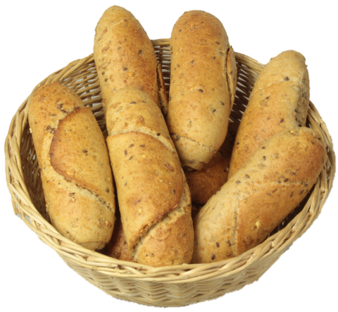 Korb mit Kornspitzbrötchen (Mehrkornbrötchen aus gewickeltem Teig)