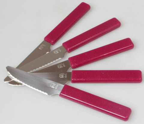 5 Brötchenmesser mit Edelstahlklinge und pinkem Kunststoffgriff