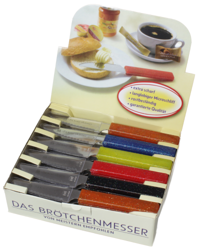 Karton mit Brötchenmessern mit Edelstahlklinge und verschiedenen farbigen Kunststoffgriffen
