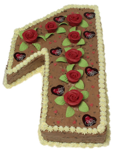 Schokocremetorte in Form einer 1 mit Rosen und Herzen