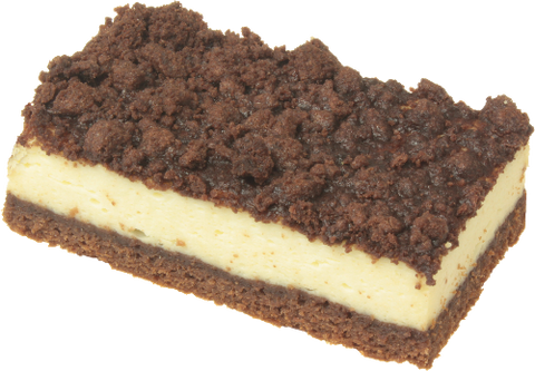 Stück russischer Zupfkuchen mit braunem Mürbeteigboden, Quarkfüllung und Kakaostreusel