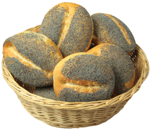 Korb mit Mohnbrötchen (Weizenbrötchen mit Mohnauflage)